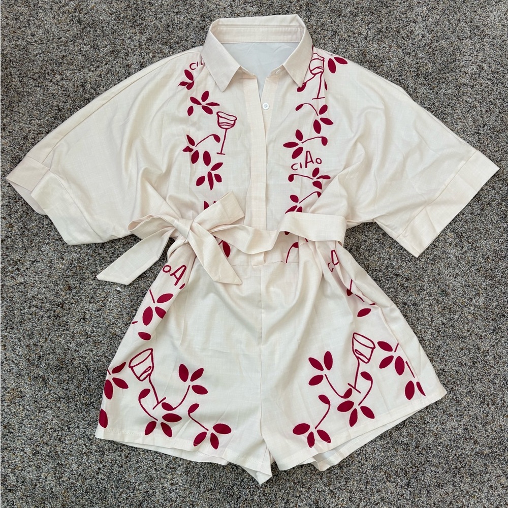 Amazon Essentials Cream and Red Jumpsuit